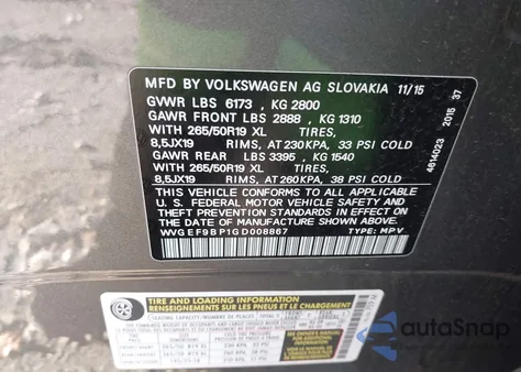 2016 Volkswagen Touareg Vr6 Lux z USA, uszkodzony, nr VIN WVGEF9BP1GD008867